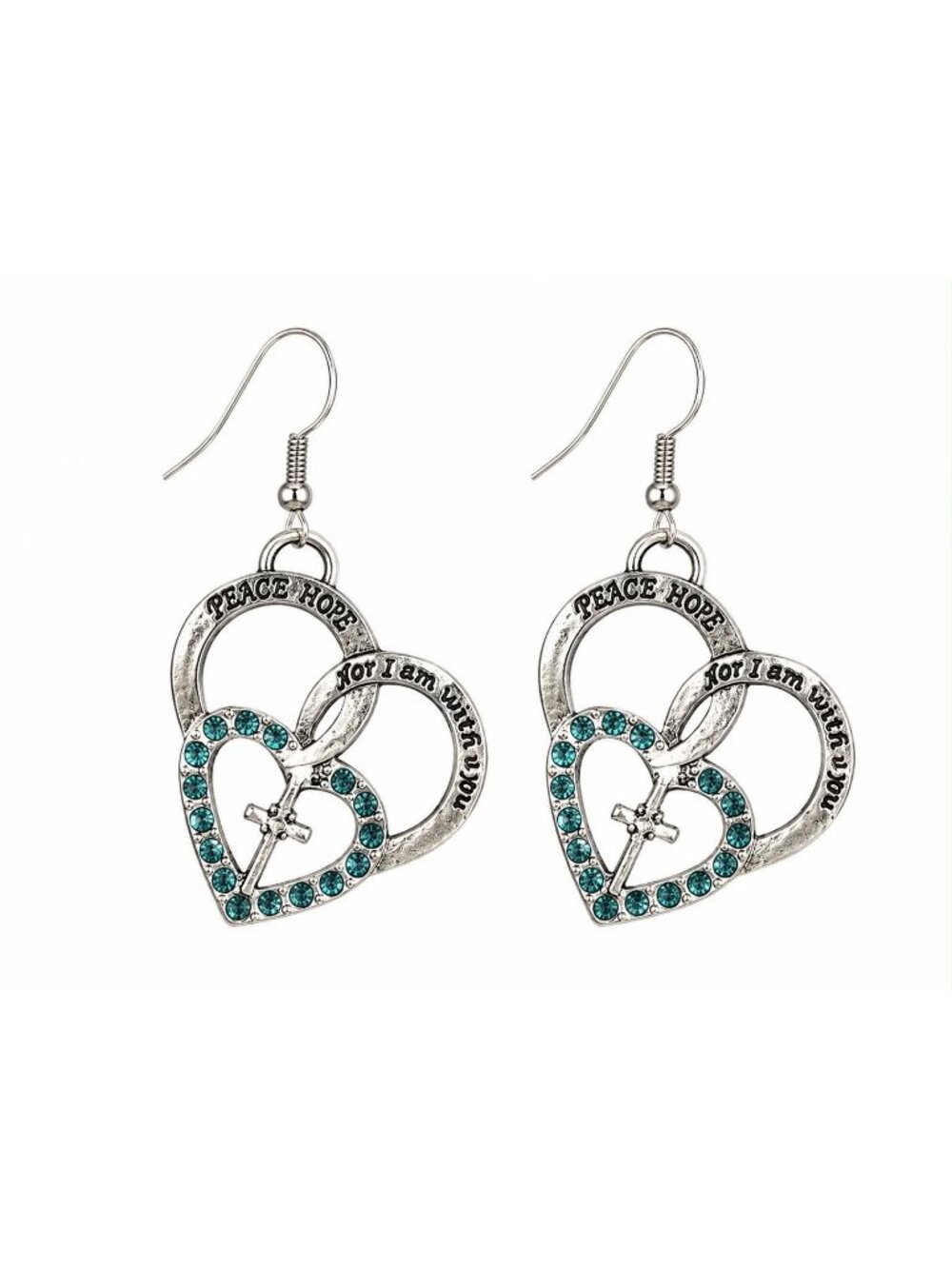 Silver Tone Heart Cross Dangle Earrings with Blue Rhinestones Pair